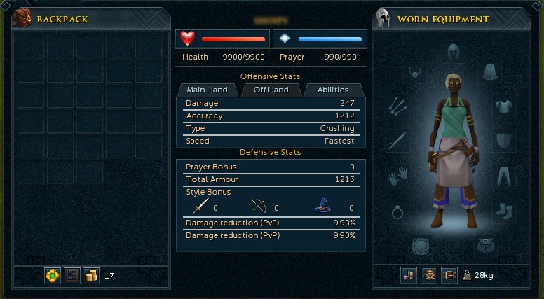 Uma captura de tela mostrando a interface de equipamento do jogador